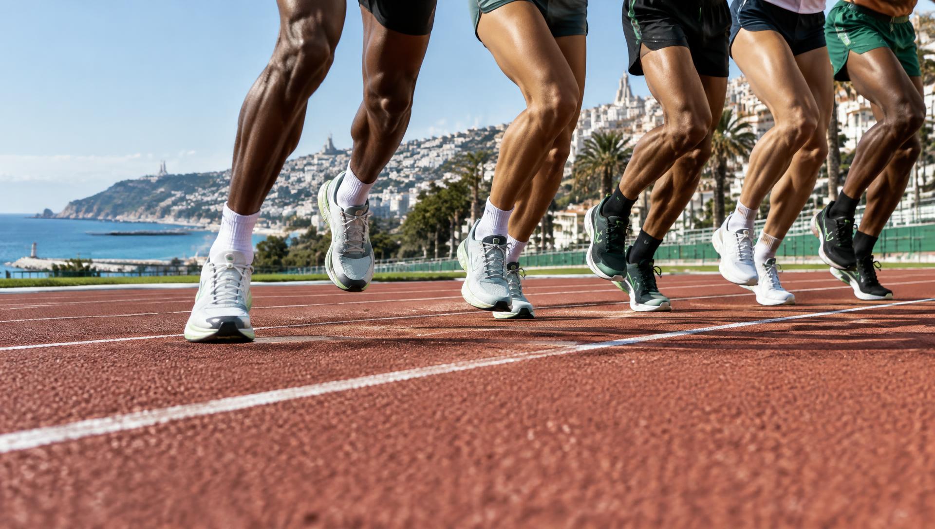 Jambes de coureurs démarrant ensemble sur une piste